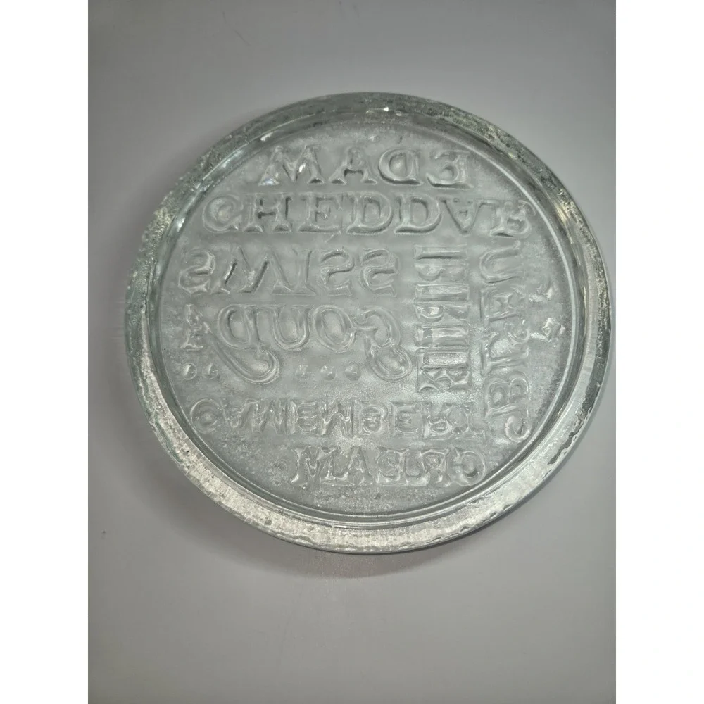 Clear Glass Cheese Varieties Round Serve Cutting‎ Board Embossed Mixed Font 11